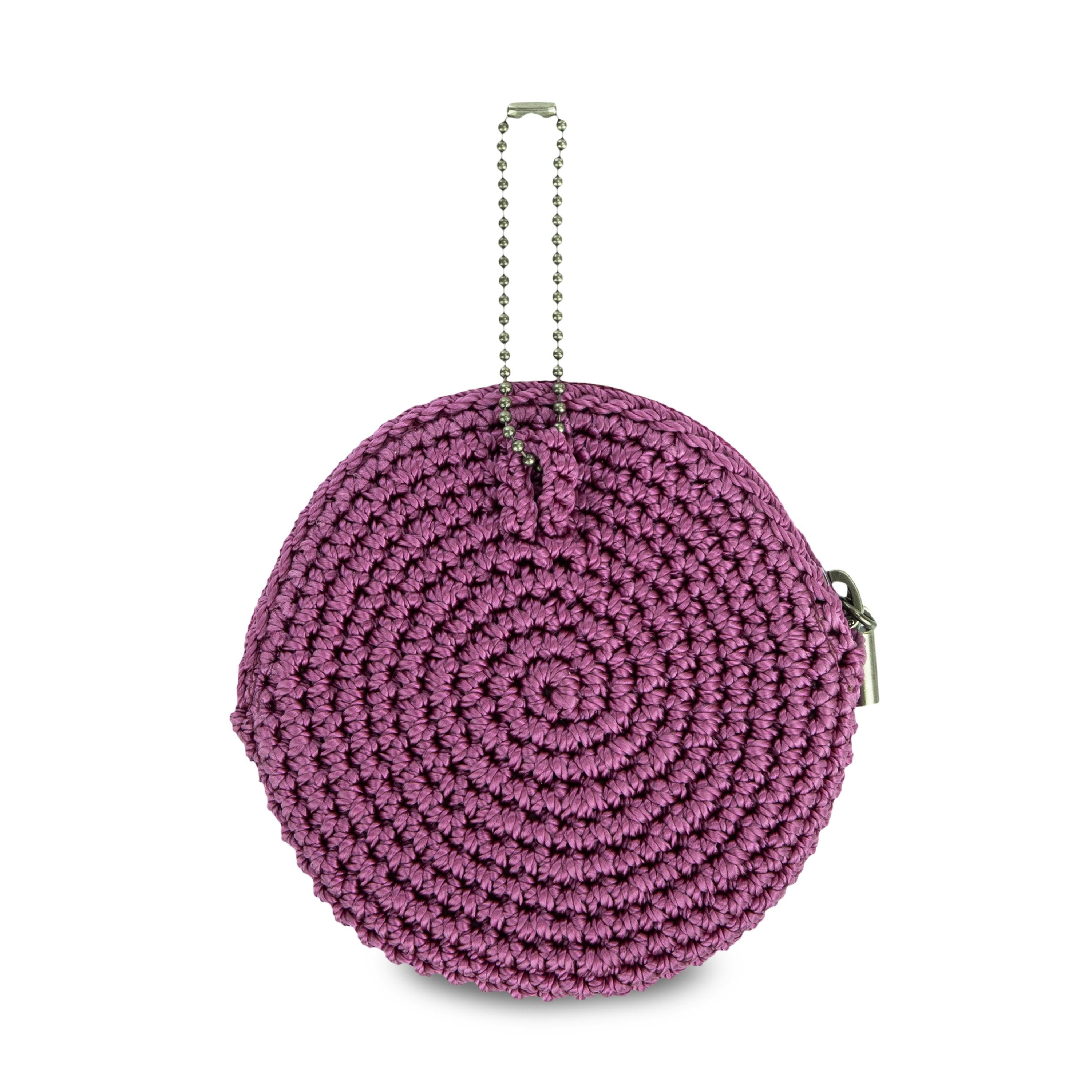 The Sak Circle Coin Pouch - Hand Crochet - Radiant Orchid Aubergine Heart