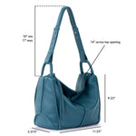 Deep teal leather hobo bag with dual handles, 14" top opening, 9.25" height, and textured pebbled surface.