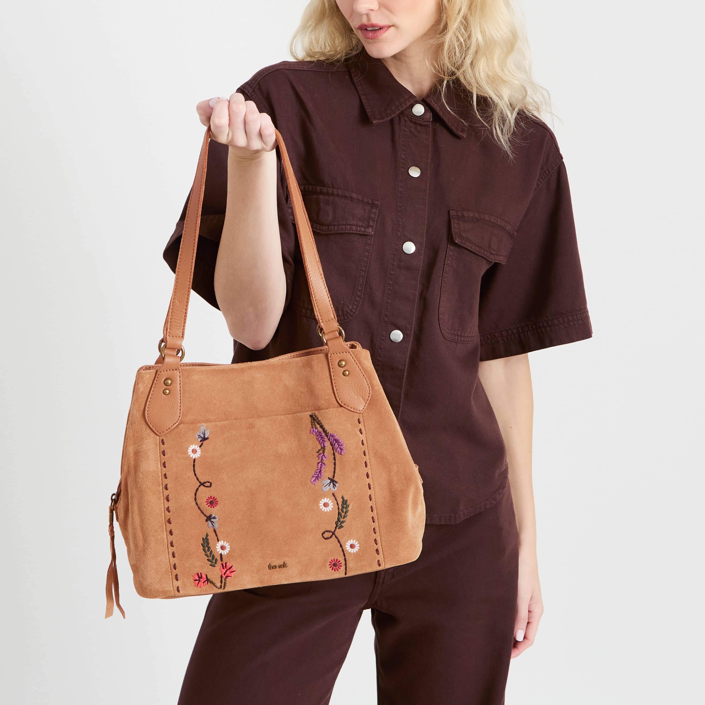 The Sak Melrose Satchel - Leather - Tan Suede Whimsy Floral Embroidery