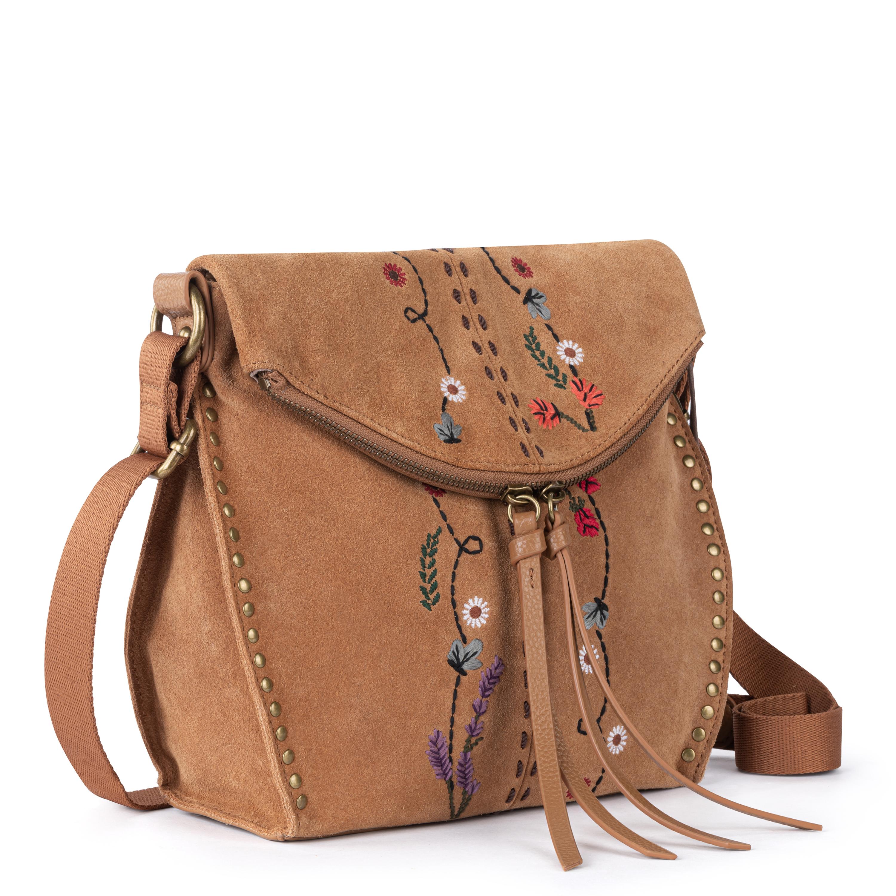 The Sak Silverlake Flap Crossbody - Leather - Tan Suede Whimsy Floral Embroidery