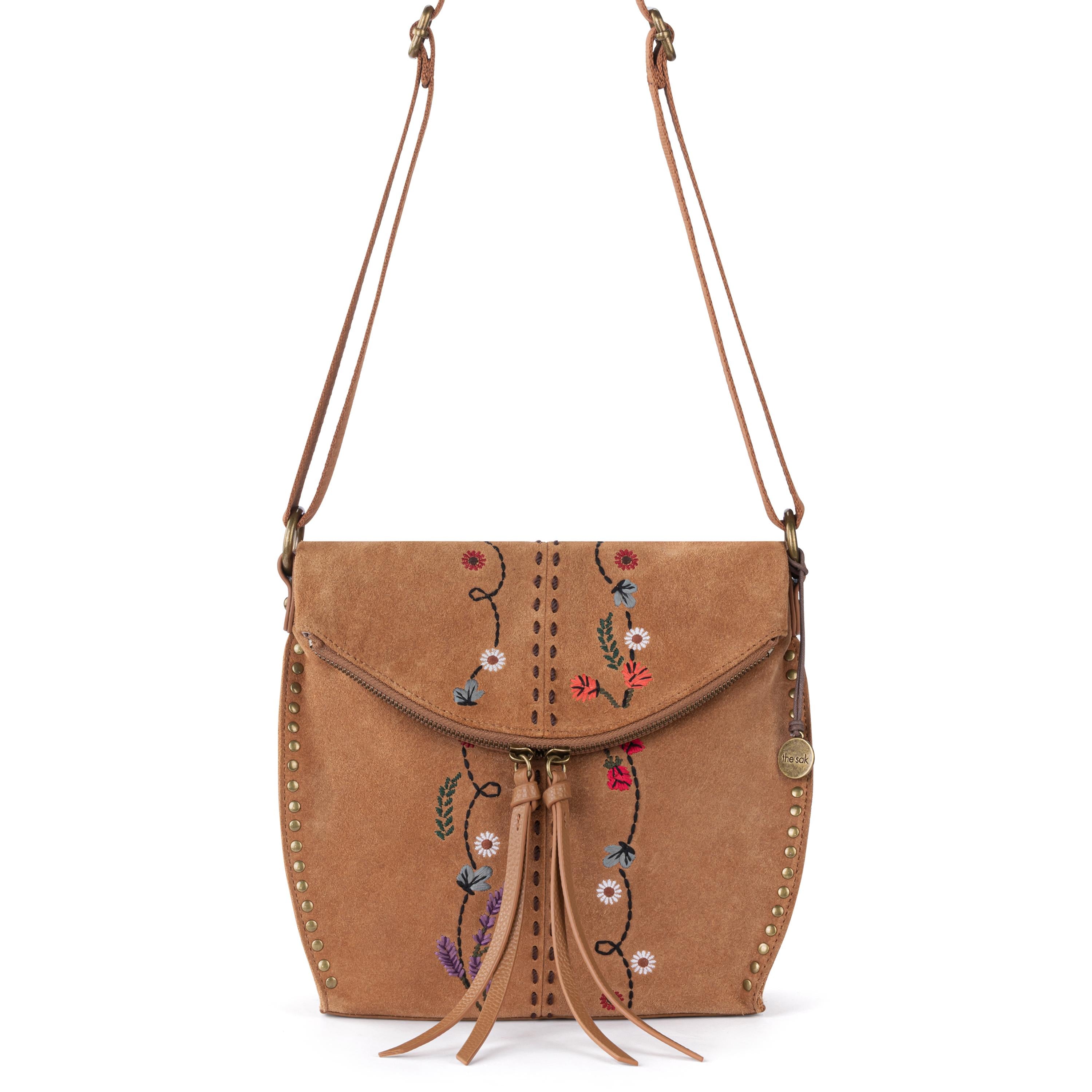 The Sak Silverlake Flap Crossbody - Leather - Tan Suede Whimsy Floral Embroidery