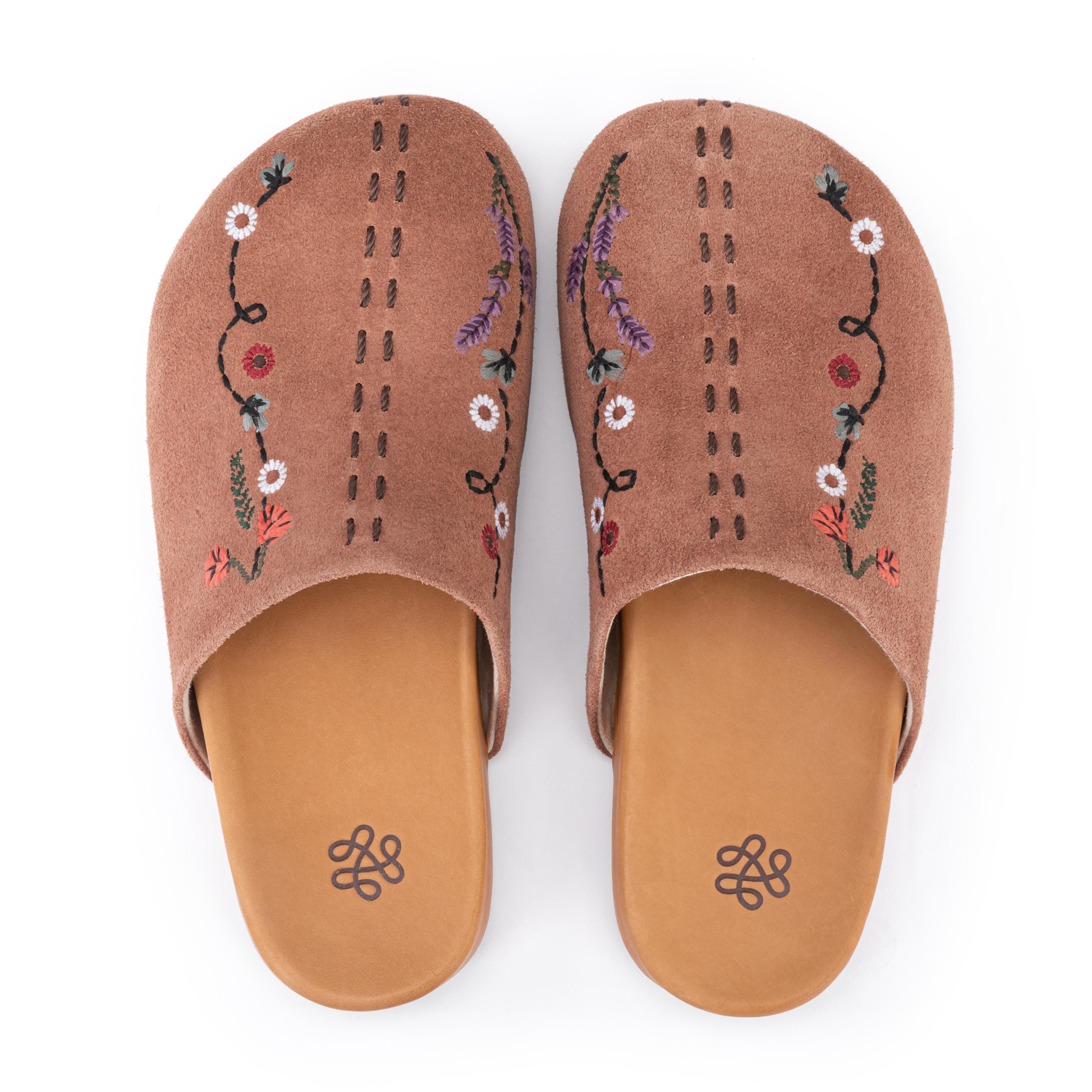 The Sak Bolinas Clog - Leather - Tobacco Suede Whimsy Floral Embroidery