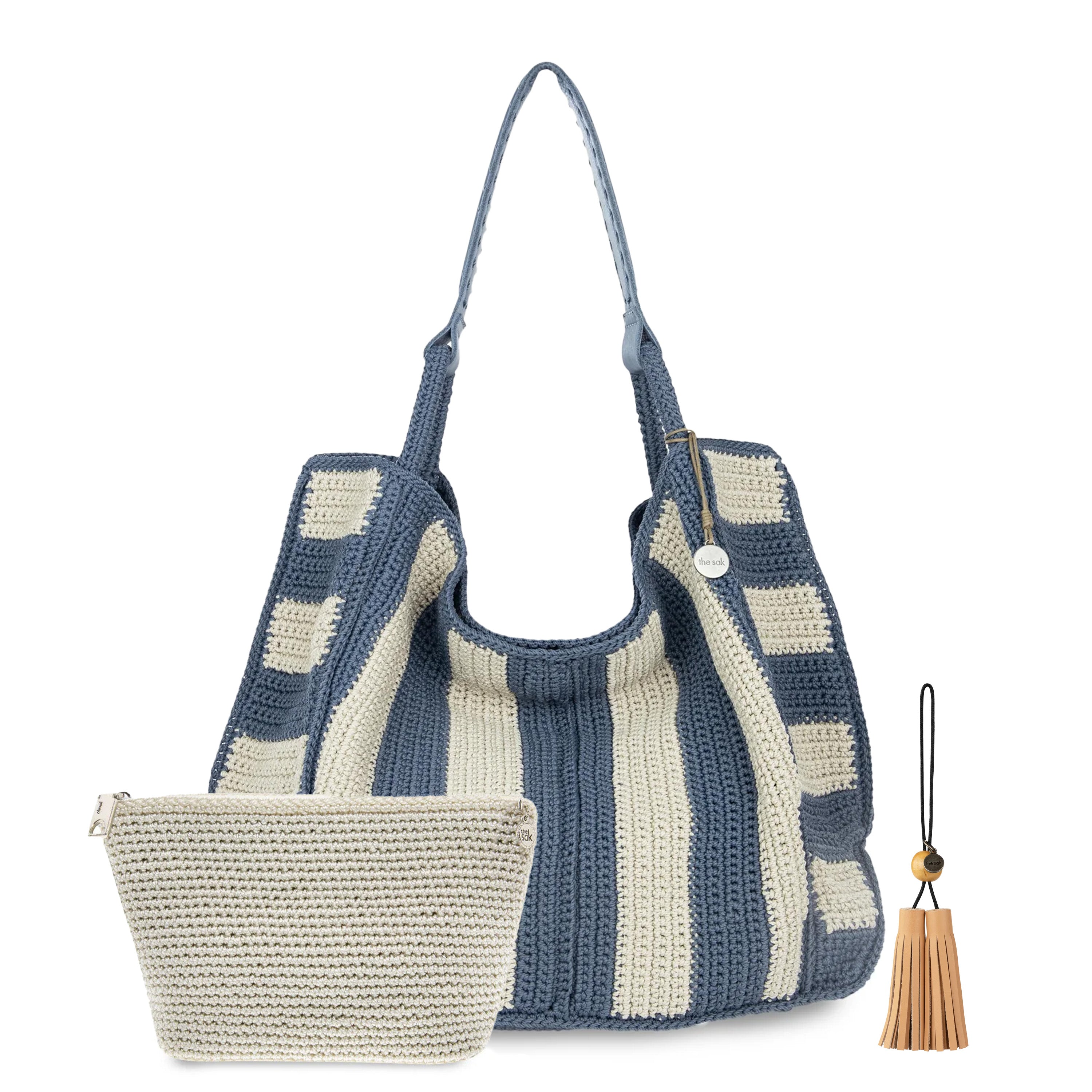 The Sak Los Feliz Large Tote 3 Piece Set - Hand Crochet - Maritime Stripe