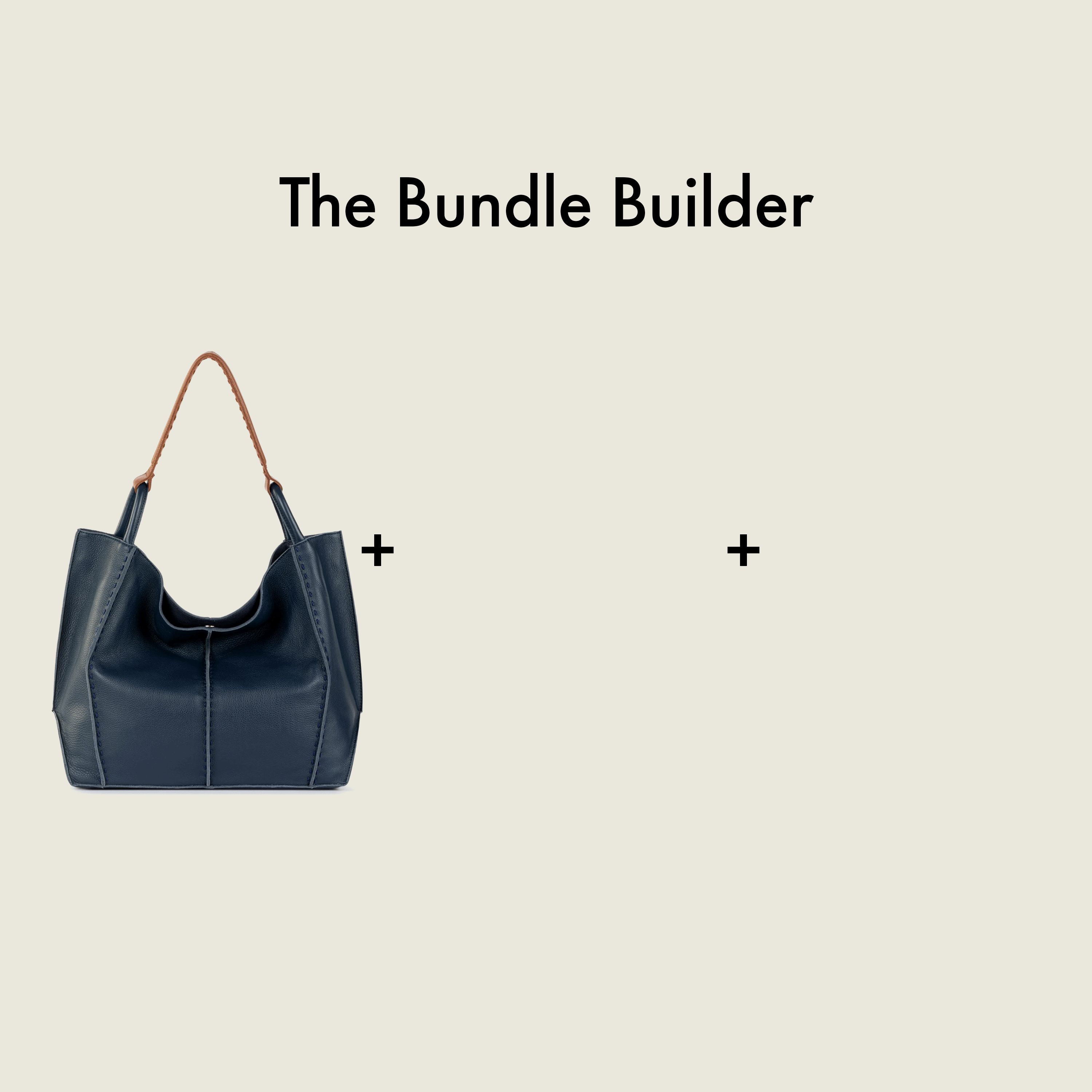 Dark blue hobo bag with brown handles and plus signs indicating customizable bundle options.