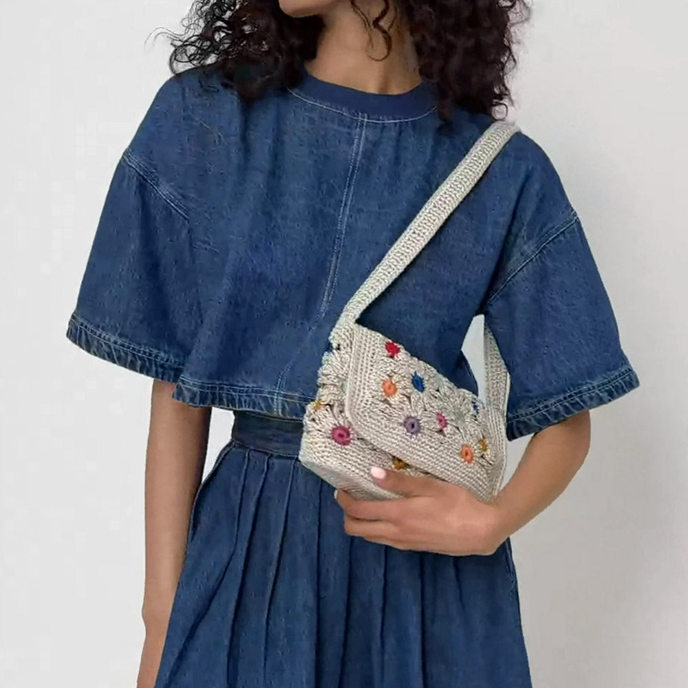 The Sak Marlow Flap Shoulder Bag - Hand Crochet - Natural Multi Flowers
