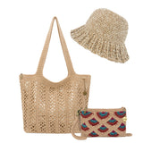 Three-piece set including tan woven tote bag, matching bucket hat, and small patterned clutch with colorful geometric design.
